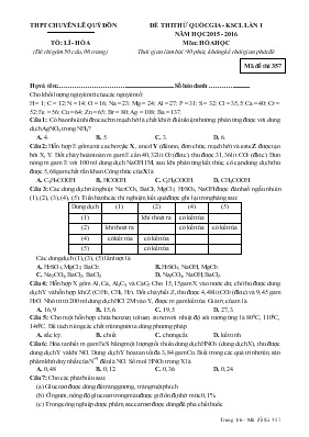Đề thi thử quốc gia - Khảo sát chất lượng lần 1 năm học 2015 - 2016 môn Hóa học